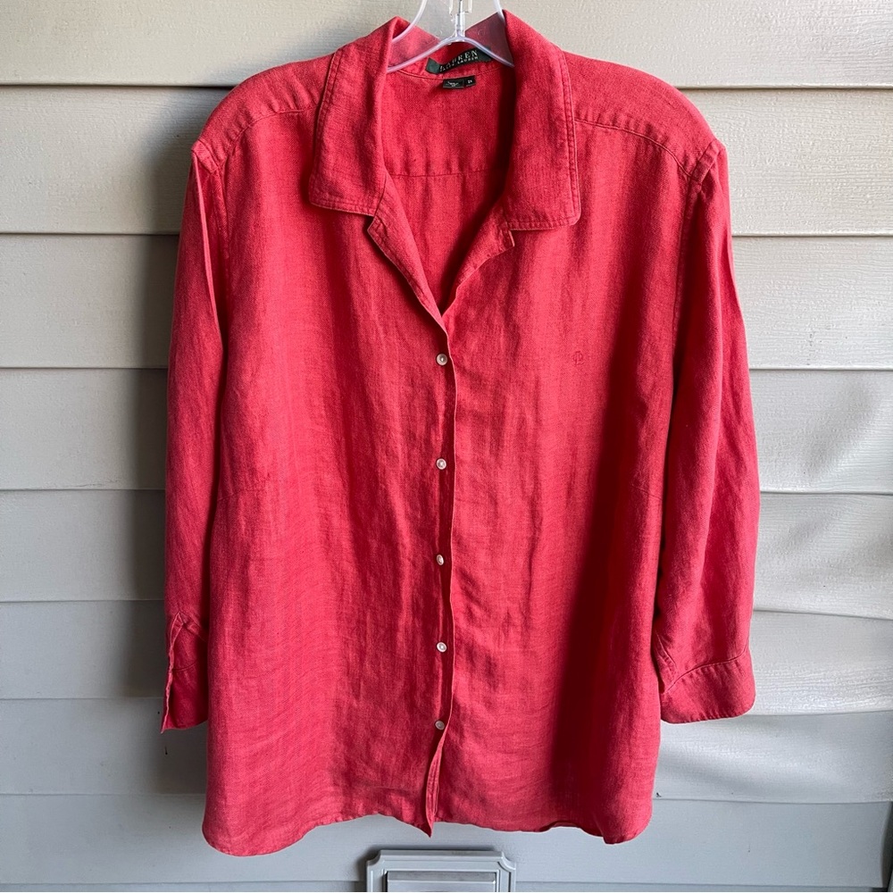 Lauren Ralph Lauren‎ Shirt Womens 2X Cayenne Red Linen Button Down Travel Mature